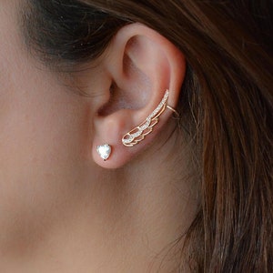 Wing Climber Earring, Heart Diamond Stud, Feather Greek Earrings, Gift For Her, Mismatched Earrings, Bridesmaids Bridal Earrings