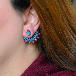 Turquoise Cz Earrings, Wave Ear Jackets Earrings, Pink Crystal Earrings, Wing Earrings, Cz Zircon Earrings, Leaf Ear Jackets, Fan Earrings
