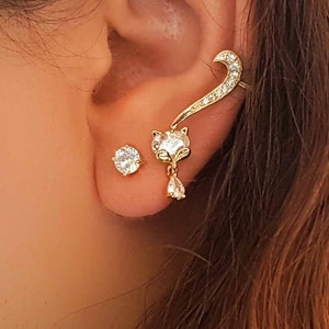Wedding Climber Earrings Cat Earrings, Mismatched Earrings, Cz Teardrop Climbers, Animal Studs, Fox Climber Earrings, Dangle Earrings, Gift