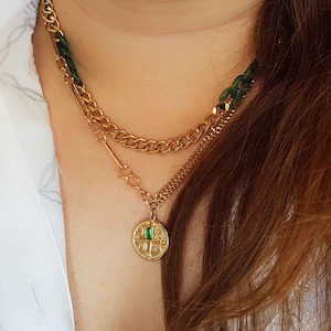 Emerald Cz Necklace, Byzantine Pendant, Greek Gold Constantine Medallion, Christian Orthodox Necklace, Gift For Her, Greek Wedding Jewels