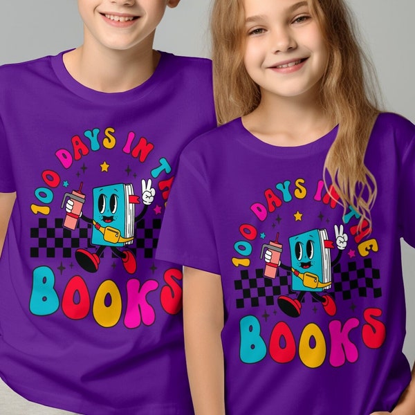 100 Days of School T-Shirt, Celebratory Reading Achievement, Colorful Cartoon Book Graphic Tee, Unisex Kids Shirt