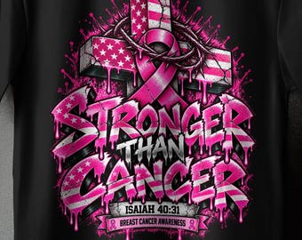 Stronger Than Cancer Graphic Tee, Pink Ribbon Cross Design, Breast Cancer Awareness Gift