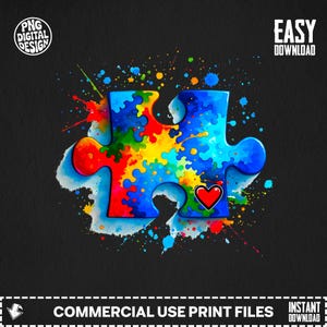 Colorful Puzzle Piece Autism Awareness PNG, Watercolor Autism Puzzle Heart Clipart, Digital Download, Sublimation Design, T-shirt Graphic
