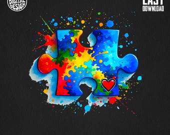 Colorful Puzzle Piece Autism Awareness PNG, Watercolor Autism Puzzle Heart Clipart, Digital Download, Sublimation Design, T-shirt Graphic