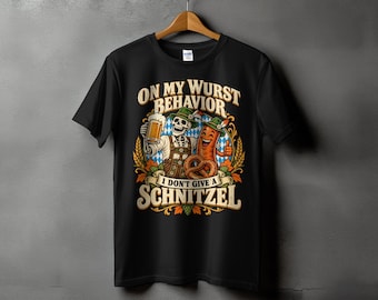 Funny Oktoberfest T-Shirt, On My Wurst Behavior, German Beer Festival Skeleton Graphic Tee