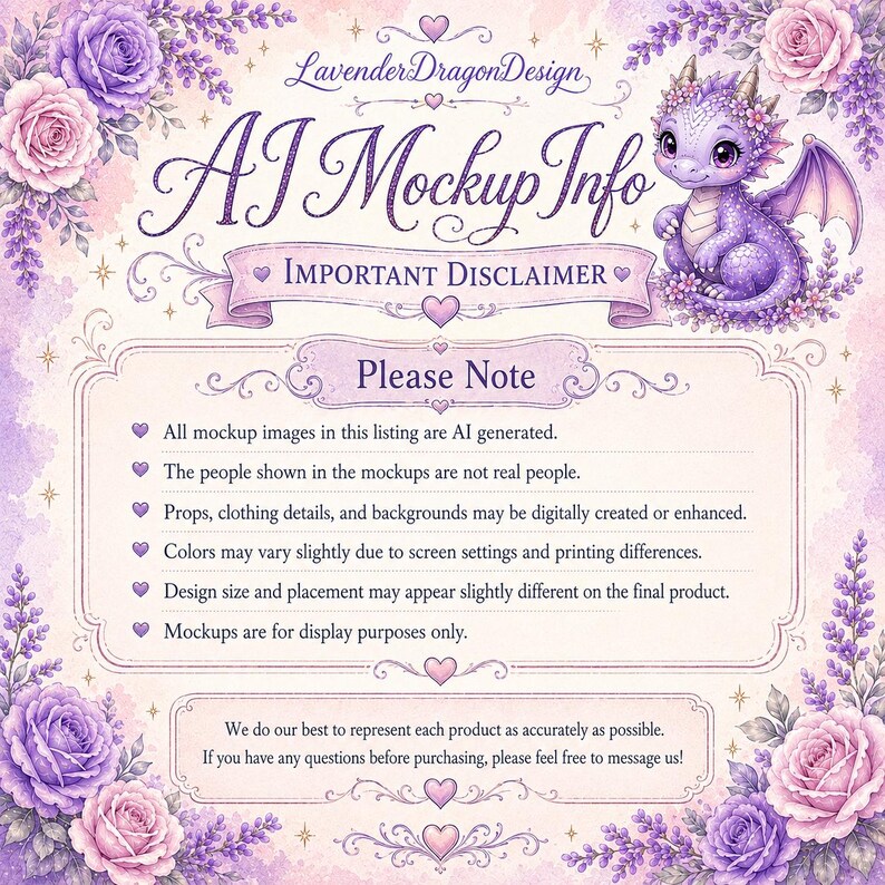 以下が含まれることがあります： AI Mockup Infoというタイトルのデジタルインフォグラフィック。紫色のドラゴンのイラスト、ラベンダーの花の縁取り、そしてすべてのモックアップがAI生成であり、表示目的のみであることを示す免責事項のリストが含まれています。