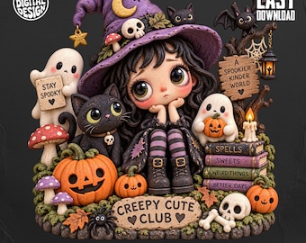 Creepy Cute Witch PNG Clipart, Pastel Goth Halloween Sublimation Design, Spooky Season Cute Ghost and Pumpkin Digital Download