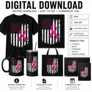 Breast Cancer Awareness PNG: Pink Ribbon USA Flag (Digital Download)