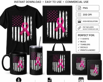Breast Cancer Awareness PNG: Pink Ribbon USA Flag (Digital Download)
