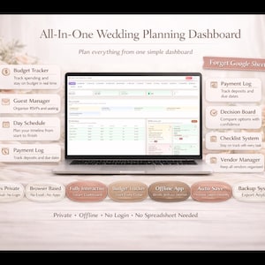 Puede incluir: Un portátil que muestra un panel de planificación de bodas con funciones como seguimiento de presupuesto, gestión de invitados y un programa diario. El texto dice "All-In-One Wedding Planning Dashboard".