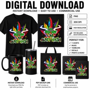 Könnte beinhalten: Eine Sammlung digitaler Download-Produkte mit einem farbenfrohen Cannabisblatt-Design und dem Text "I'm Not Shy, I'm Just High". Produkte umfassen ein schwarzes T-Shirt, gerahmte Kunst, eine Tasse, einen Becher, eine Tragetasche, eine Laptop-Hülle und eine Tablet-Hülle.