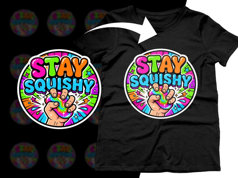 STAY SQUISHY graphic on black t-shirt with hands squeezing colorful stress ball.