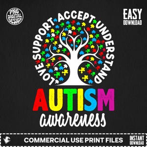 自閉症啓発PNG：愛し、支え、受け入れ、理解する（デジタルダウンロード）