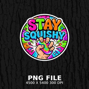 Hand squishing colorful, bubbly "STAY SQUISHY" text logo on black background.