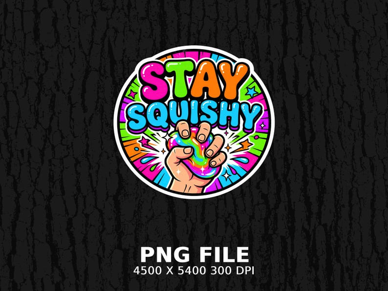 Hand squishing colorful, bubbly "STAY SQUISHY" text logo on black background.
