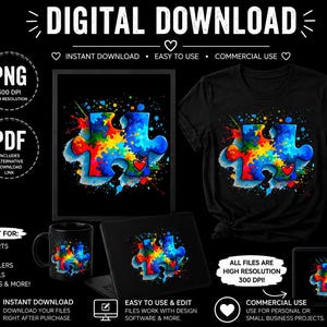 Färgglad pusselbit Autism Awareness PNG, Akvarell Autism Pussel Hjärta Clipart, Digital Nedladdning, Sublimeringsdesign, T-shirt Grafik