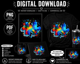 Colorful Puzzle Piece Autism Awareness PNG, Watercolor Autism Puzzle Heart Clipart, Digital Download, Sublimation Design, T-shirt Graphic