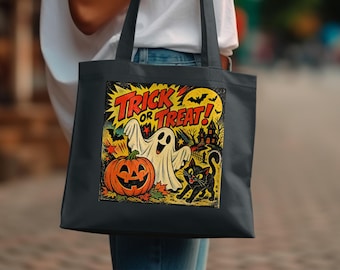 Vintage Halloween Tote Bag, Retro Ghost Pumpkin Black Cat Comic Art (15"x16")