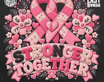 Pink Ribbon Patchwork Design, Stronger Together Breast Cancer Awareness (PNG Download)