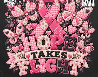 Pink Ribbon Butterfly Warrior PNG, Quilted Patchwork Breast Cancer Awareness Design (Digital Download)