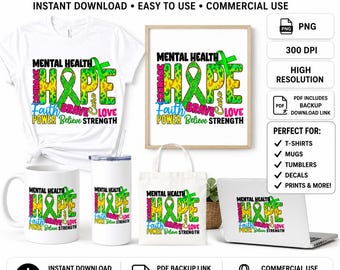Mental Health Awareness Green Ribbon PNG: Sublimation & Crafts (Digital Download)