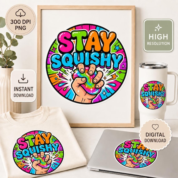 Stay Squishy PNG Design, Retro Bubble Font, Kidcore Art (Digital Download)