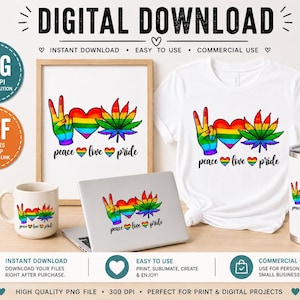 Pride Month PNG: Rainbow Heart & Leaves - Peace Love Pride (Digital Download)