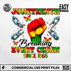 May include: A digital design featuring the word "Juneteenth" in green and yellow. A fist, coloured red, yellow, and green, is breaking chains. The text "Breaking Every Chain Since 1865" is included, along with butterflies.