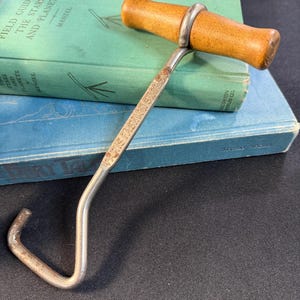 May include: Vintage shoe hook with a wooden handle and a metal hook. The handle is a light brown color, and the metal hook is silver. The text "PARIS FASHION SHOES" is visible on the metal. The hook is resting on a stack of books.
