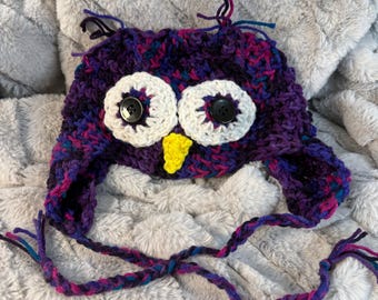 Handmade Crochet Owl Hat | Colorful Purple Multicolor Beanie With