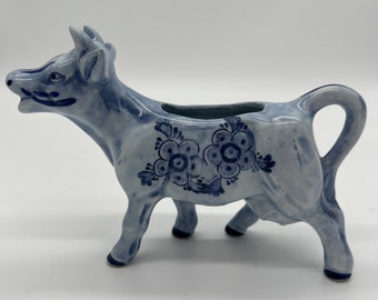 Vintage Cow Cream Pitcher Ceramic Floral Pattern Blue White Mid Century Lugene’s Japan