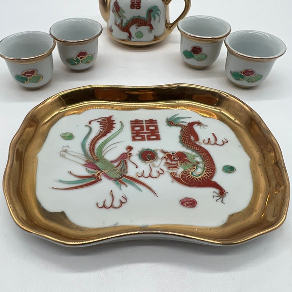 Vintage Porcelain Chinese Dragon Phoenix Miniature Tea Sake Set