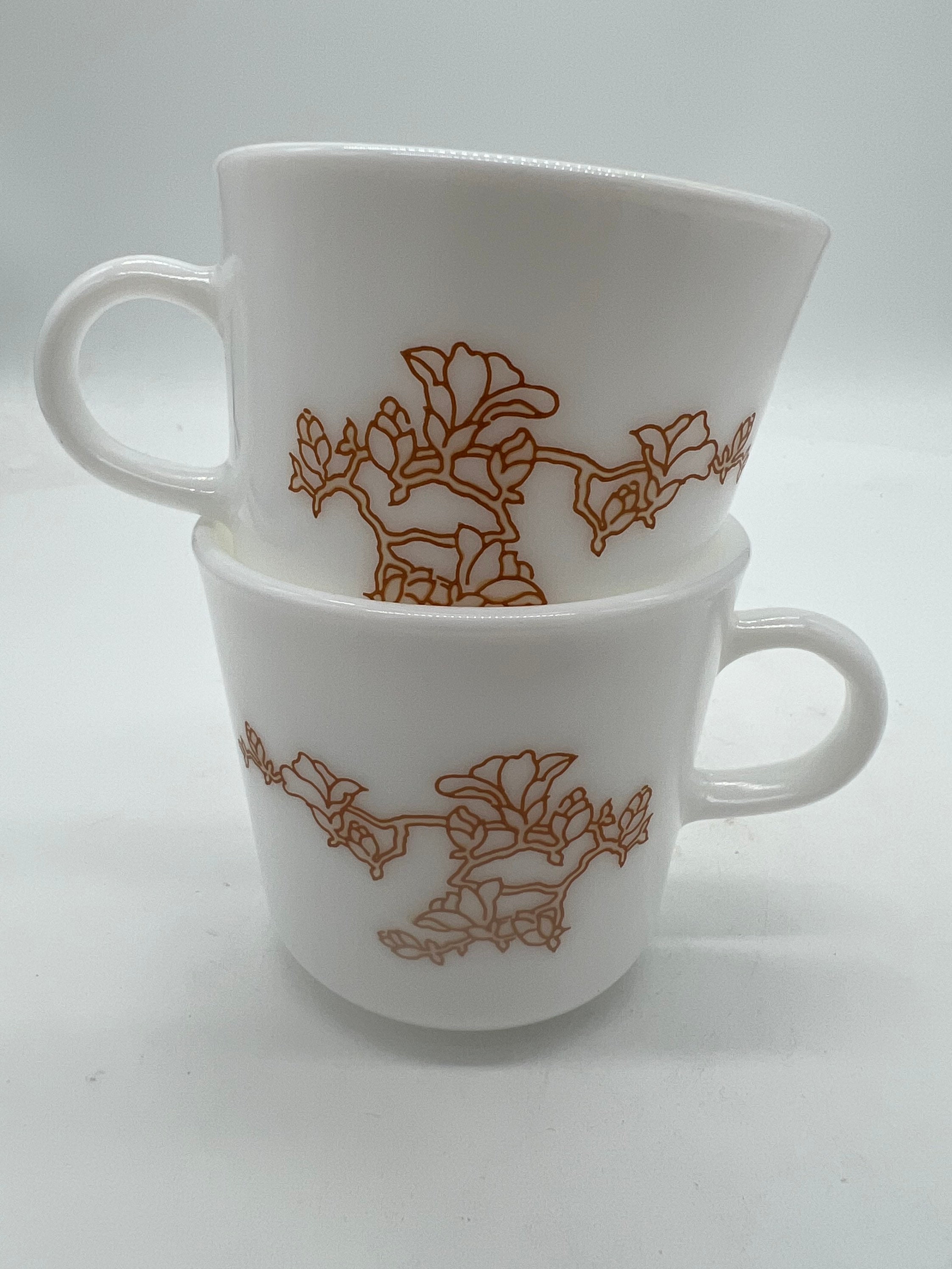 Vintage Corning Milk Glass Mug Cup Cherry Blossom Pattern Oriental Look Set  of 2 