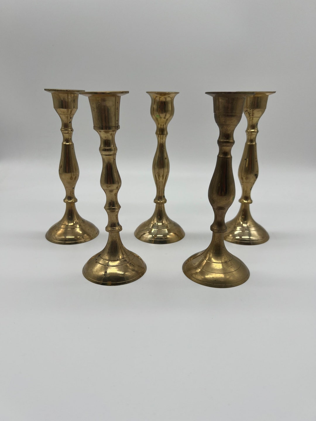 5 VTG Brass Candlesticks Mixed Set Gold Wedding Candle Holders Mid