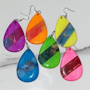 Neon Resin Wood Earrings, Handmade Teardrop and Circular Colorful Vibrant wood base earrings with resin and washi tape.