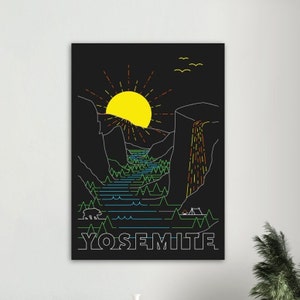 May include: A black and white illustration of Yosemite National Park with a yellow sun, a waterfall, and the text "Yosemite" in colorful letters.