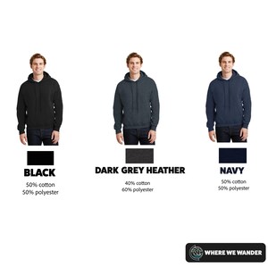 May include: Three hooded sweatshirts in black, dark grey heather, and navy blue. The sweatshirts are 50% cotton and 50% polyester, except for the dark grey heather, which is 40% cotton and 60% polyester.