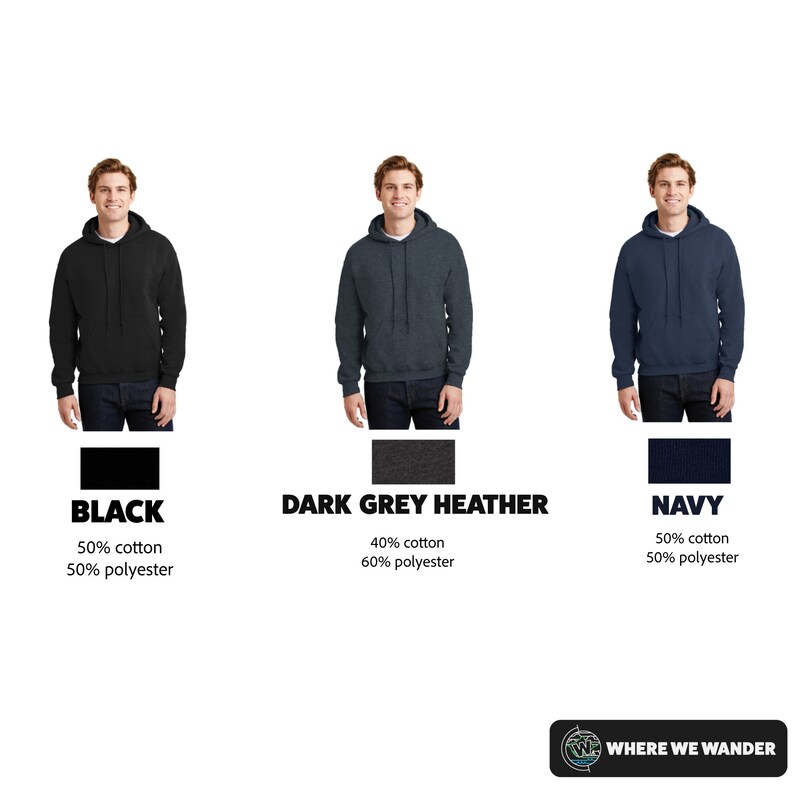 May include: Three hooded sweatshirts in black, dark grey heather, and navy blue. The sweatshirts are 50% cotton and 50% polyester, except for the dark grey heather, which is 40% cotton and 60% polyester.
