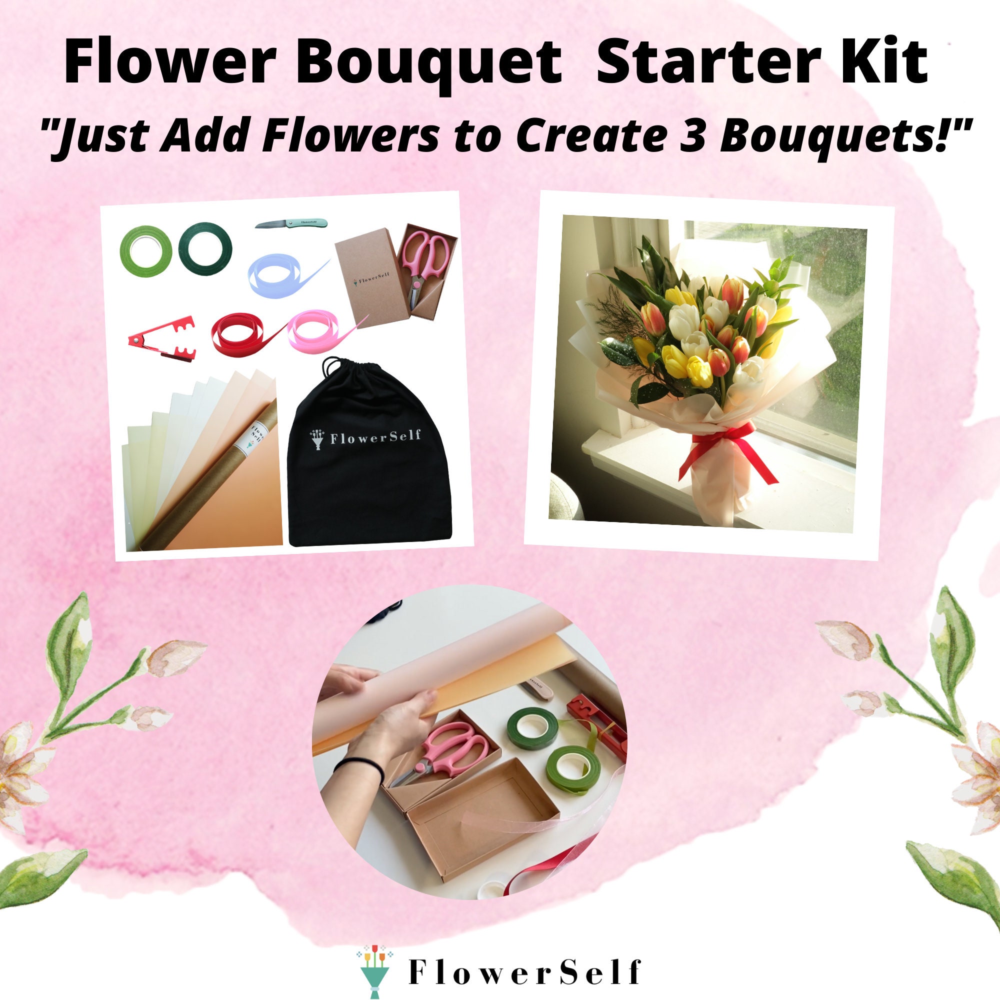 Flower Bouquet Design Starter Kit With Florist Tools, Floral Bouquet and  Flower Design Using Korean Style Waterproof Wrap, Create 3 Bouquets 