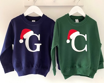 Childrens Christmas Personalised Alphabet Sweatshirt With Santa Hat, Family Matching Christmas Jumpers