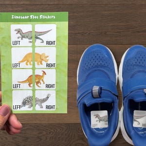 May include: A sheet of Dinosaur Shoe Stickers featuring four pairs of dinosaur illustrations with the words LEFT and RIGHT printed on each, alongside a pair of blue sneakers with matching dinosaur stickers placed inside the heel area.
