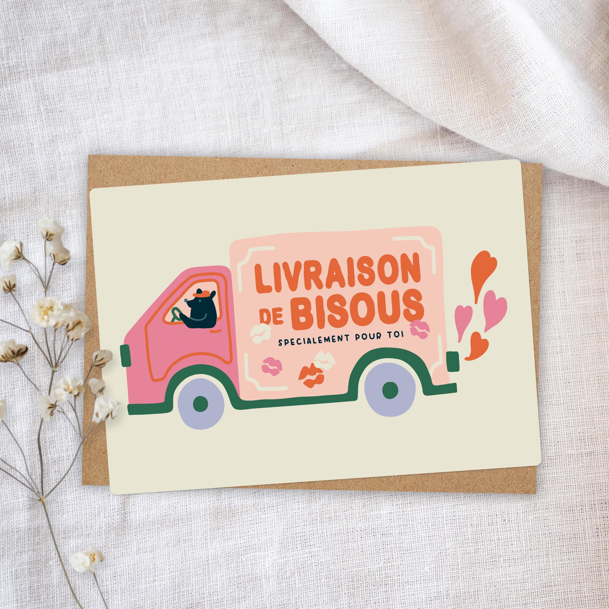 Hand-Illustrated Valentine’s Day Card - Kiss Delivery Truck - Sweet & Romantic Love Card, for Greetings or Birthday