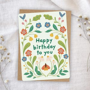 Illustrated Botanical Birthday Card – Colorful & Rustic Floral Greeting Card – Boho Style with Plants, Flowers and Butterfly