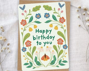 Illustrierte botanische Geburtstagskarte – Blumig & Farbenfroh – Boho mit Blumen, Pflanzen und Schmetterling