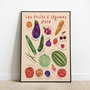 Summer Fruits & Vegetables Poster - Colorful Plant Art - Seasonal Kitchen Wall Decor - Hand Drawn Vegetable Garden Illustration