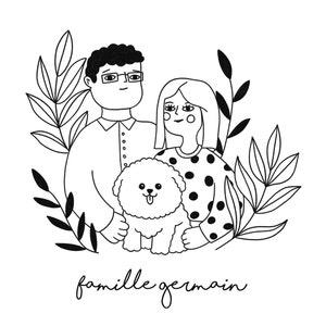 Personalized family portrait in illustration with pets, gift idea for family, friends, couple
