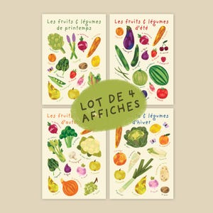 Pack of 4 Seasonal Vegetable & Fruit Posters - Colorful Kitchen Wall Decor - Premium Print
