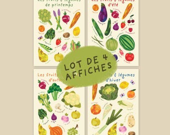 May include: Four illustrated posters featuring fruits and vegetables of different seasons. Each poster displays colorful drawings of produce with French labels. The posters are labeled "Les fruits & légumes de printemps", "Les fruits & légumes d'été", "Les fruits d'automne", and "Les fruits & légumes d'hiver".