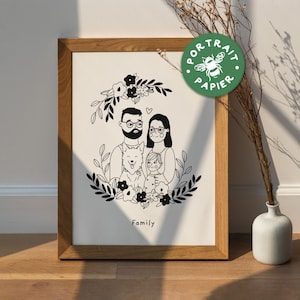 Custom Floral Couple Portrait with Pets – Hand-Drawn Illustration from Photo – Valentine’s Day Gift