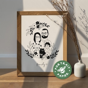 Custom Floral Family Portrait Printed Illustration with Pets, Frame Gift Idea for Family, Friends, Couple from Photos.